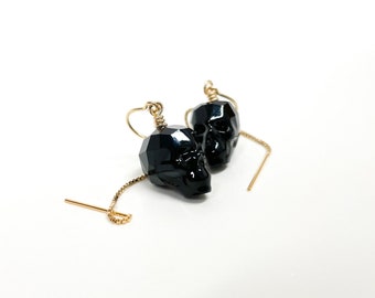 14Kt Gold Filled Threader Earrings with Swarovski Crystal Skulls in Jet