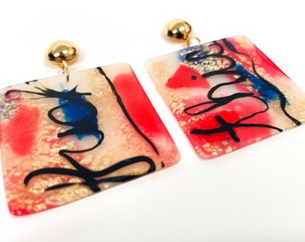 Fuck This Translucent Blue Red and Gold Polymer Clay Earrings
