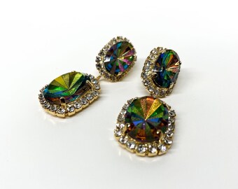 14mm x 10mm & 18mm x 13mm Starburst Intaglio Oval Crystals Set in Crystal Halo Stud Drop Earrings with Gold Overlay