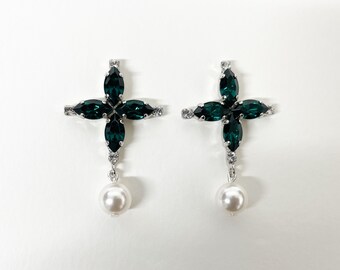 Glam Floral Cross Navette Cluster in Emerald Green with White Crystal Pearl Dangle