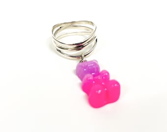 Wavy Triple Band Sterling Silver Ring with Ombré Gummy Bear Charm