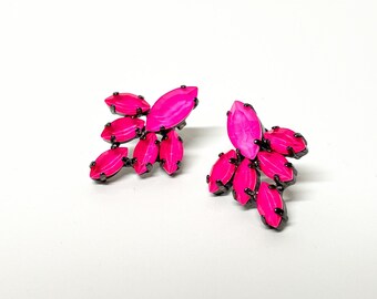 Neon Pink and Black Shiny Gunmetal Navette Cluster Earring