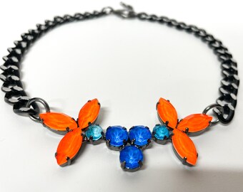 Neon Orange and Blue Crystal and Black Cut Curb Chain Necklace with Gunmetal