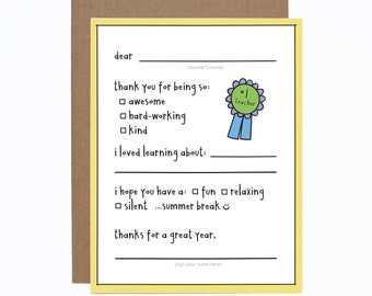 Teacher Thank You card - Fill In the Blank card - Best Teacher card -  End of School Year - Kids Thank You card