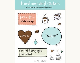 Travel Mug Vinyl Sticker Sheet - 10 sticker collection - Coffee Mug - Tea Mug - Water Bottle stickers