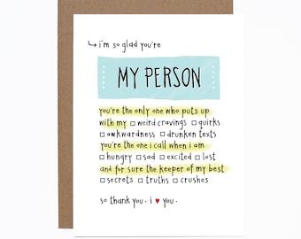 Valentine's Day Card My Person Card - Funny Anniversary card - Boyfriend card - Girlfriend card - Galentine's Day card - Grey's Anatomy