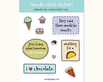 Snacks Vinyl Sticker Sheet - 10 sticker collection - Taco - Sushi - Fries - Donut