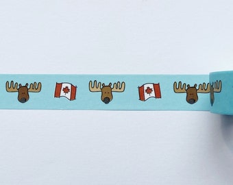Oh Canada Washi tape, hand lettered illustrated decorative tape, scrapbooking tape, 10m full roll washi tape, Moose + Canadian flag washi