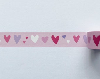 Pink Hearts Washi tape, hand lettered illustrated decorative tape, scrapbooking tape, 10m full roll washi tape, Valentines Love washi tape