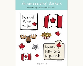 May include: A set of 10 vinyl stickers featuring Canadian themes. The stickers are white with black outlines and feature images of a moose, a beaver, a raccoon, a Canadian flag, poutine, maple leaves, and text that reads "true north strong and free" and "beavers, butter tarts, bagged milk".