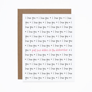 Carte Je t'aime - Carte d'anniversaire - Carte de Saint-Valentin amusante - Anti-Valentin - Rangez votre vaisselle - Parentalité