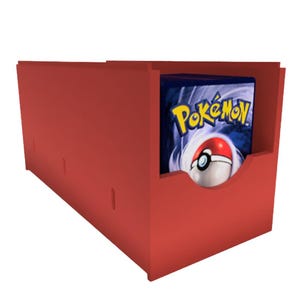 May include: Red plastic tray designed to hold up to 600 unsleeved trading cards. The tray is labelled "TCG Tray" and is suitable for Pokemon, Magic the Gathering, and Lorcana cards. The tray is shown with a Pokemon card inside.