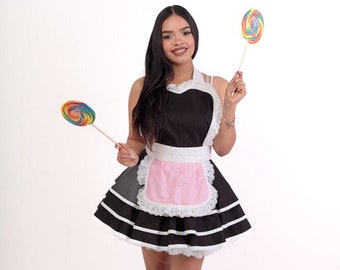 Cute and Fun Black French Maid Apron with Gingham mini Apron