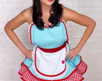 Cute 50s Diner Waitress Apron, Red and Aqua