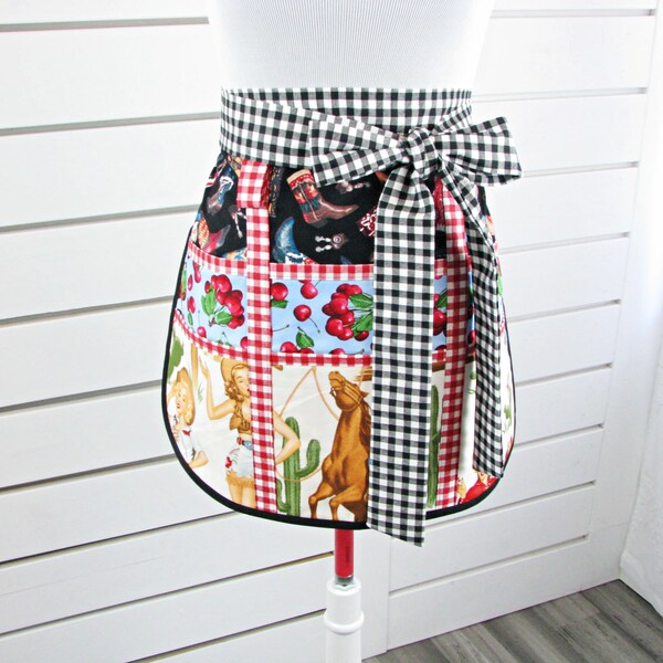 Womens Vendor Apron with Pockets Teacher Aprons Craft Apron Half Apron Cowgirls Farmhouse Gingham Cowboy Boots