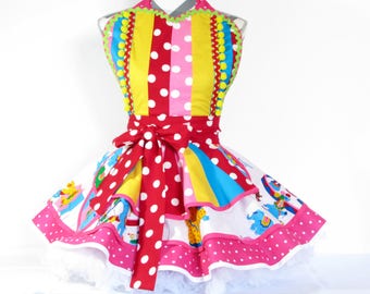 Retro Kitsch Clown Apron with Polka Dots and Vintage Storybook Fabric