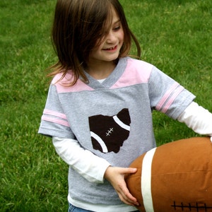 Ohio Football T-Shirt for TODDLER GIRLS, Football style pink and grey t-shirt with fun OHIO/Football Applique, handsewn