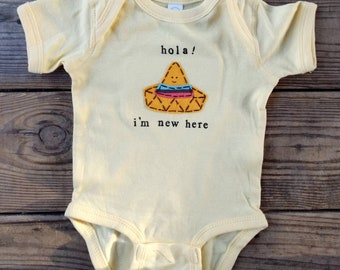 Fun "Hola! (hello) I'm new here" baby Onesie® sombrero one piece, fun and unique baby shower gift, baby bodysuit, baby gift, Mexican onesie