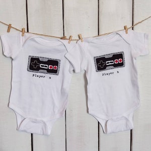 Nintendo Old School NES game PLAYER A and B bodysuits for Twins or siblings, Great way to celebrate a 2nd birth