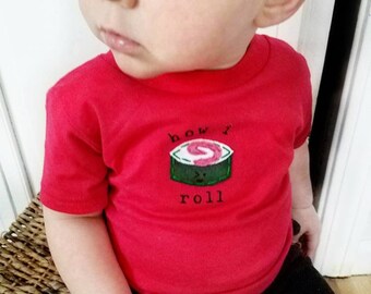 Funny Sushi Roll "How I Roll" Baby Onesie® bodysuit, sushi roll baby, fun baby shower gift, mom-made