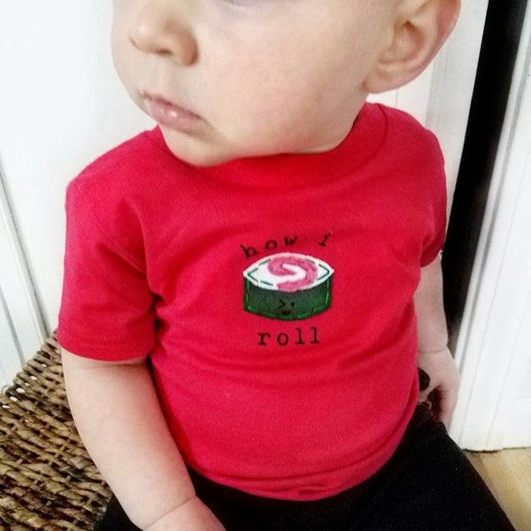 Funny Sushi Roll "How I Roll" Baby Onesie® bodysuit, sushi roll baby, fun baby shower gift, mom-made