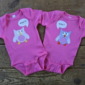 Twin &quot;Who&#39;s Who&quot; Owl Set of Bodysuits for Twin GIRLS, hand-sewn appliques