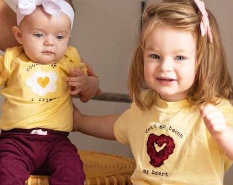 TWIN "Don't go Bacon my Heart" and "Couldn't if I fried" Bacon and Eggs Set of Onesies®/bodysuits, Great Shower gift for TWINS or siblings