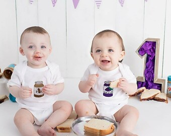 Peanut butter and Jelly Jars TWIN Set of Onesies®/bodysuits or one pieces, Great Shower gift for TWINS or siblings. Onesies® for twins