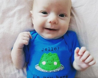 Adorable "Jello! (hello) I'm new here" baby Onesie® sweet one piece, fun and unique baby shower gift, baby bodysuit, baby gift, jello onesie