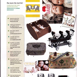 May include: A collection of baby products for twins, including a double bassinet, a stroller, a diaper bag, a twin feeding pillow, a book titled "Hello Twins", and a baby monitor.