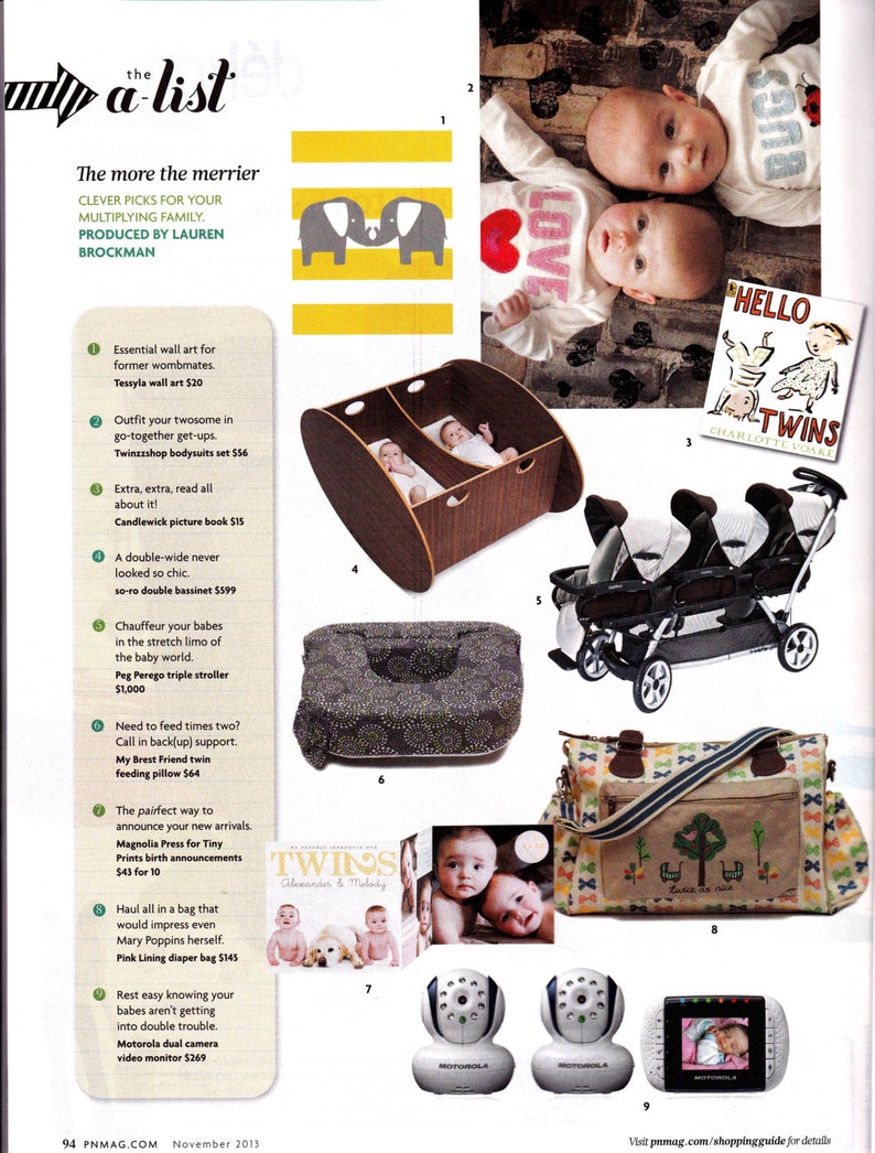 May include: A collection of baby products for twins, including a double bassinet, a stroller, a diaper bag, a twin feeding pillow, a book titled "Hello Twins", and a baby monitor.