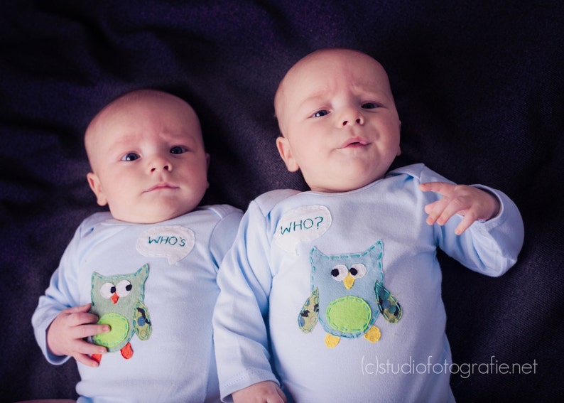 Twin Who's Who Owls bodysuits for Twin BOYS image 0