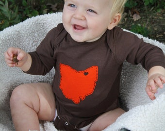 Cleveland Love, State of Ohio BROWN Onesie® bodysuit with heart on cleveland, great baby shower gift, father's day gift for new dad