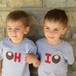 Buckeye &quot;OH-IO&quot; Twin or siblings set, tees or Onesies® for twins, or great way to celebrate a 2nd birth, or Siblings