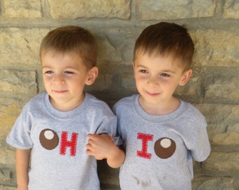 Buckeye "OH-IO" Twin or siblings set, tees or Onesies® for twins, or great way to celebrate a 2nd birth, or Siblings