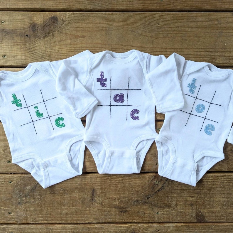 Tic Tac Toe Triplet Fun set of 3 Onesies® Bodysuit Set, Great Shower gift for TRIPLETS or 3 different sizes for siblings image 2
