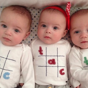 Tic Tac Toe Triplet Fun set of 3 Onesies® Bodysuit Set, Great Shower gift for TRIPLETS or 3 different sizes for siblings