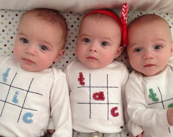 Tic Tac Toe Triplet Fun set of 3 Onesies® Bodysuit Set, Great Shower gift for TRIPLETS or 3 different sizes for siblings