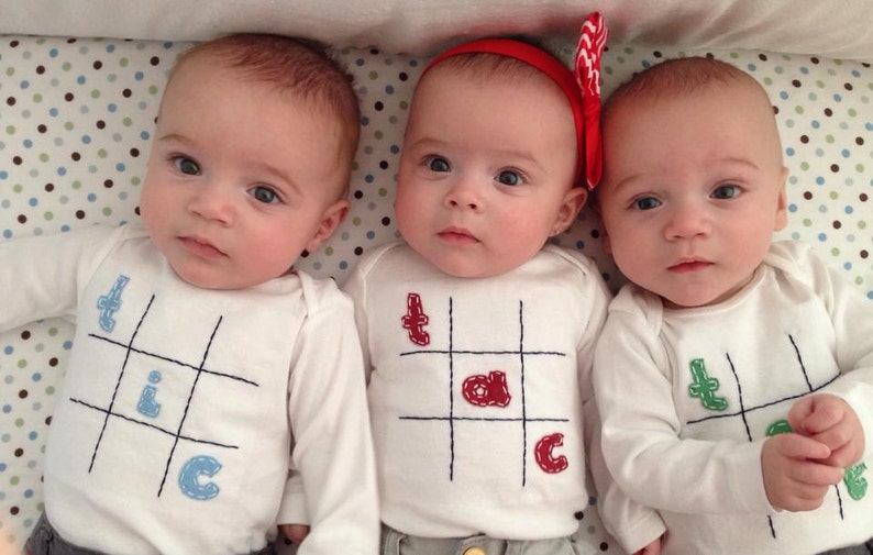 Tic Tac Toe Triplet Fun set of 3 Onesies® Bodysuit Set, Great Shower gift for TRIPLETS or 3 different sizes for siblings image 1