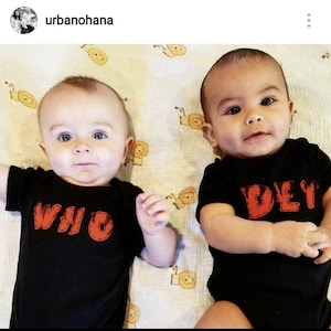 WHO DEY set of (two) twin Onesies® bodysuits for twins, Cincinnati Twins Bengals inspired bodysuits for twins, twin set, Cincinnati babies
