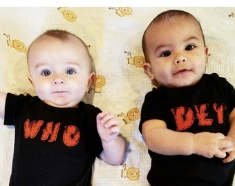 WHO DEY set of (two) twin Onesies® bodysuits for twins, Cincinnati Twins Bengals inspired bodysuits for twins, twin set, Cincinnati babies