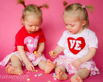 Valentine's Day LO-VE Onesies® Twin Set bodysuits in red or pink, Great Shower gift for TWINS, Sisters or siblings, in bodysuits or t-shirts