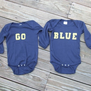 Michigan Longsleeve &quot;Go Blue&quot; Twin(or siblings) Set of Onesies® baby Bodysuits, Great Shower gift for Twins or siblings