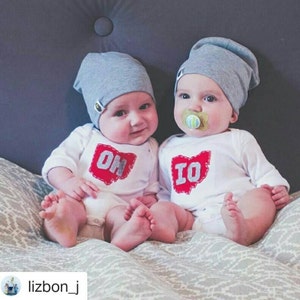 White &quot;OH-IO&quot; Twin Set of Baby Bodysuits for twins, (or SIBLINGS), Ohio Twins