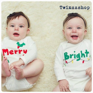 Twins Christmas &quot;Merry and Bright&quot; TWIN Onesies® Set of Bodysuits for babies, Christmas Twin gift, Great Shower or Christmas gift for TWINS