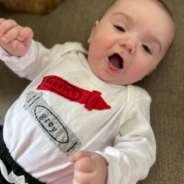 Crayons "My favorite colors: Scarlet & Grey" Baby Onesie® or Bodysuit, Ohio State fans, or CUSTOMIZE them to YOUR "favorite colors"