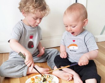 Punny "Soy Mates" Sushi Twin or siblings set, tees or Onesies® for twins, or celebrate a 2nd birth for siblings, Sushi baby, punny Onesies®