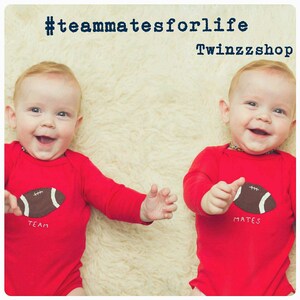 Twin bodysuits &quot;Team Mates&quot;, Football Twin set of one pieces, great baby shower gift for twins, twin boys