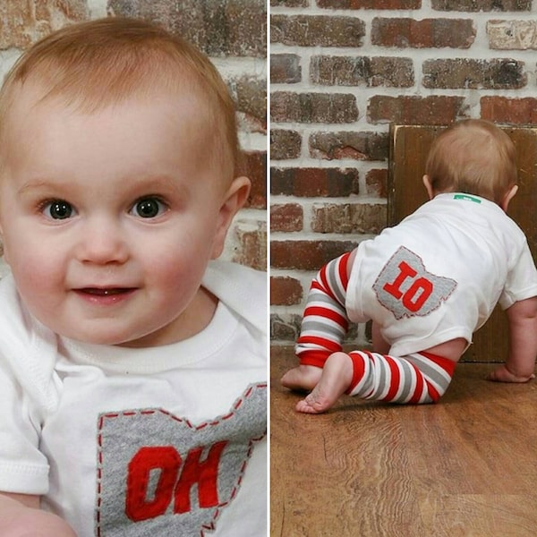 Ohio Baby Onesie®/bodysuit with OH front, IO back (on tush), handsewn and made from recycled t-shirts, Ohio State baby, Buckeye baby