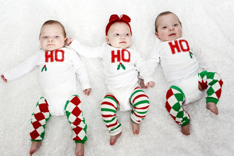 Triplets HO HO HO Set of 3 Holiday Bodysuits image 1